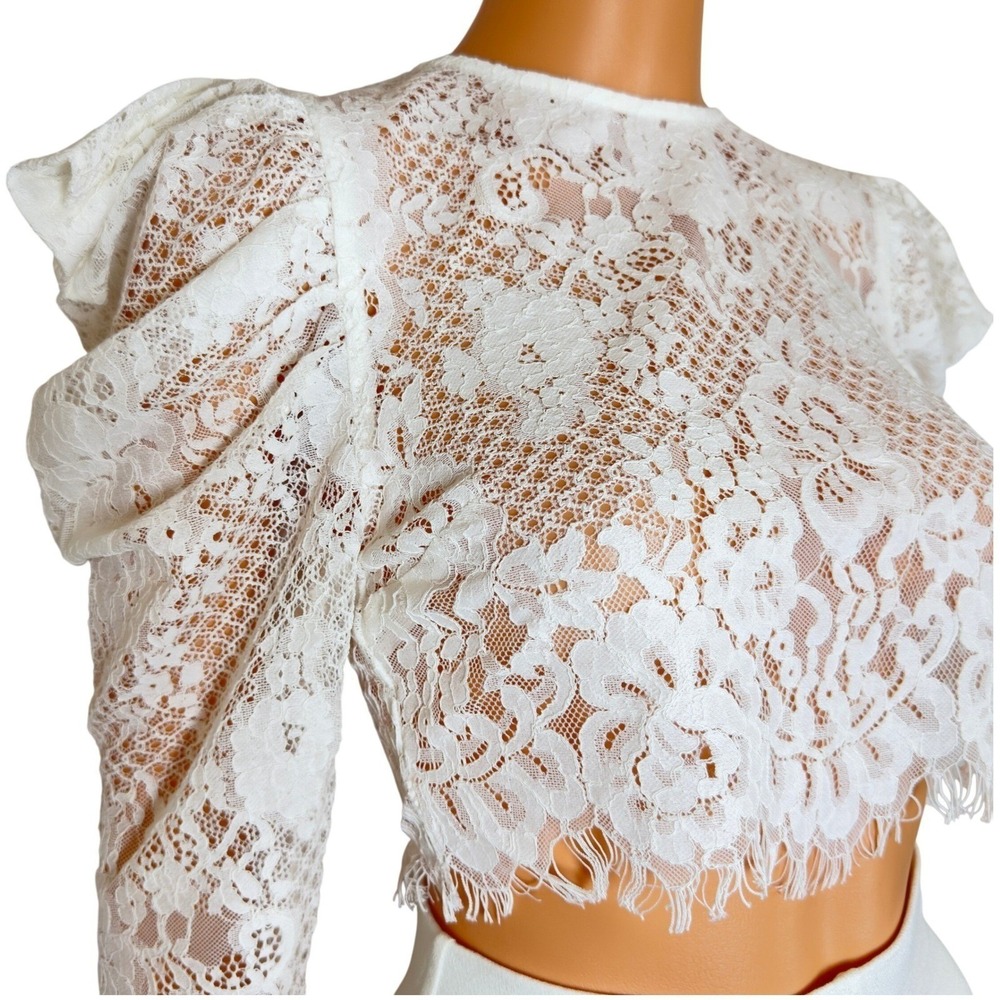 Naked Wardrobe The Statement White Lace Crop Top Puff Sleeve NWSP20-121 Small - Picture 5 of 11